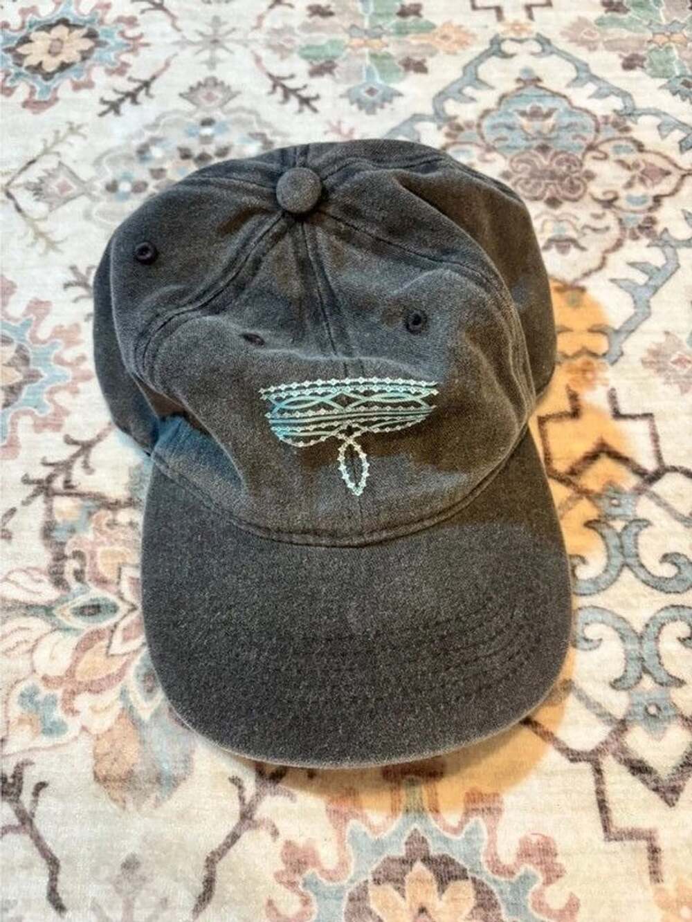Distressed ball cap with Bootstitch graphic